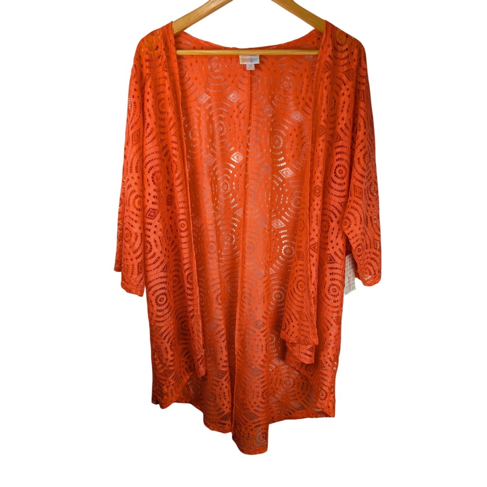 LuLaRoe Lindsay Kimono Cardigan Medium Orange Lace Open Front 3/4 Sleeve NWT